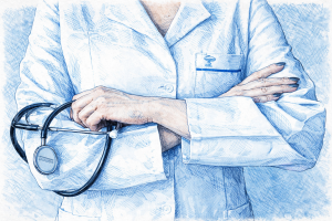Hand-drawn illustration of a healthcare professional holding a stethoscope, representing clinical mobility and connected healthcare operations