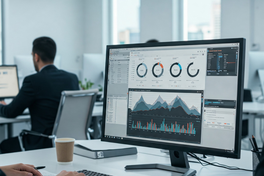 Computer monitor displaying a business analytics dashboard with charts and performance metrics in a modern office environment.