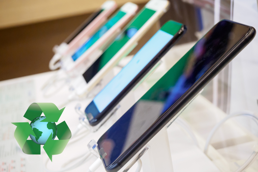 Sustainable mobile device reuse with smartphones displayed and a recycling earth symbol