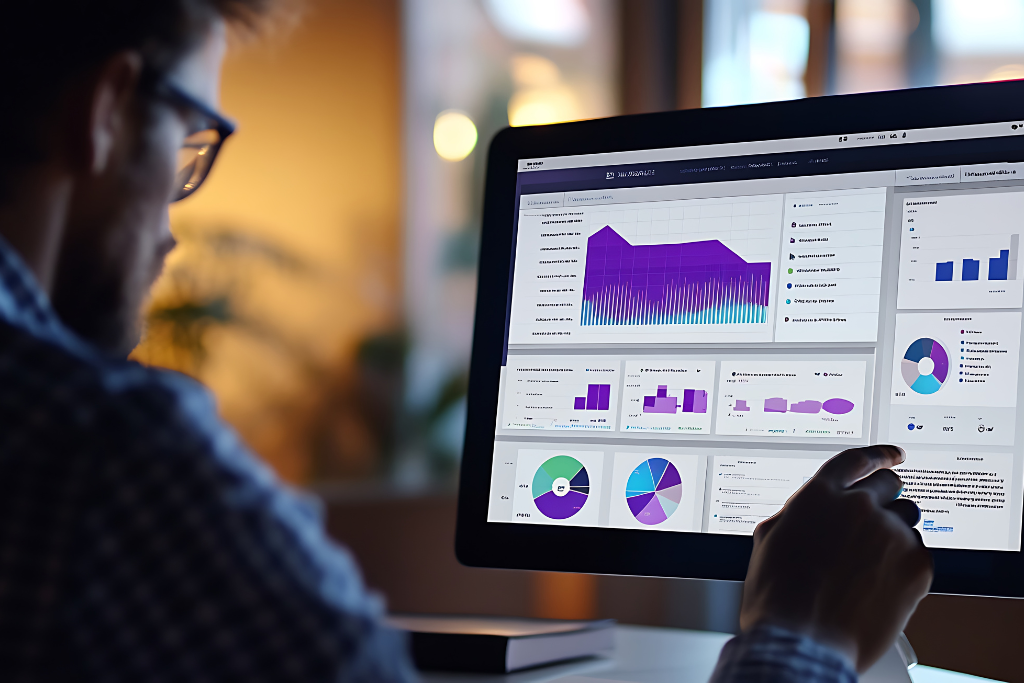 Business professional using digital dashboard to improve employee productivity through mobile support and real-time analytics.