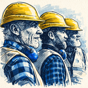 Hand-drawn illustration of three construction workers in hard hats representing field mobility operations and workforce coordination