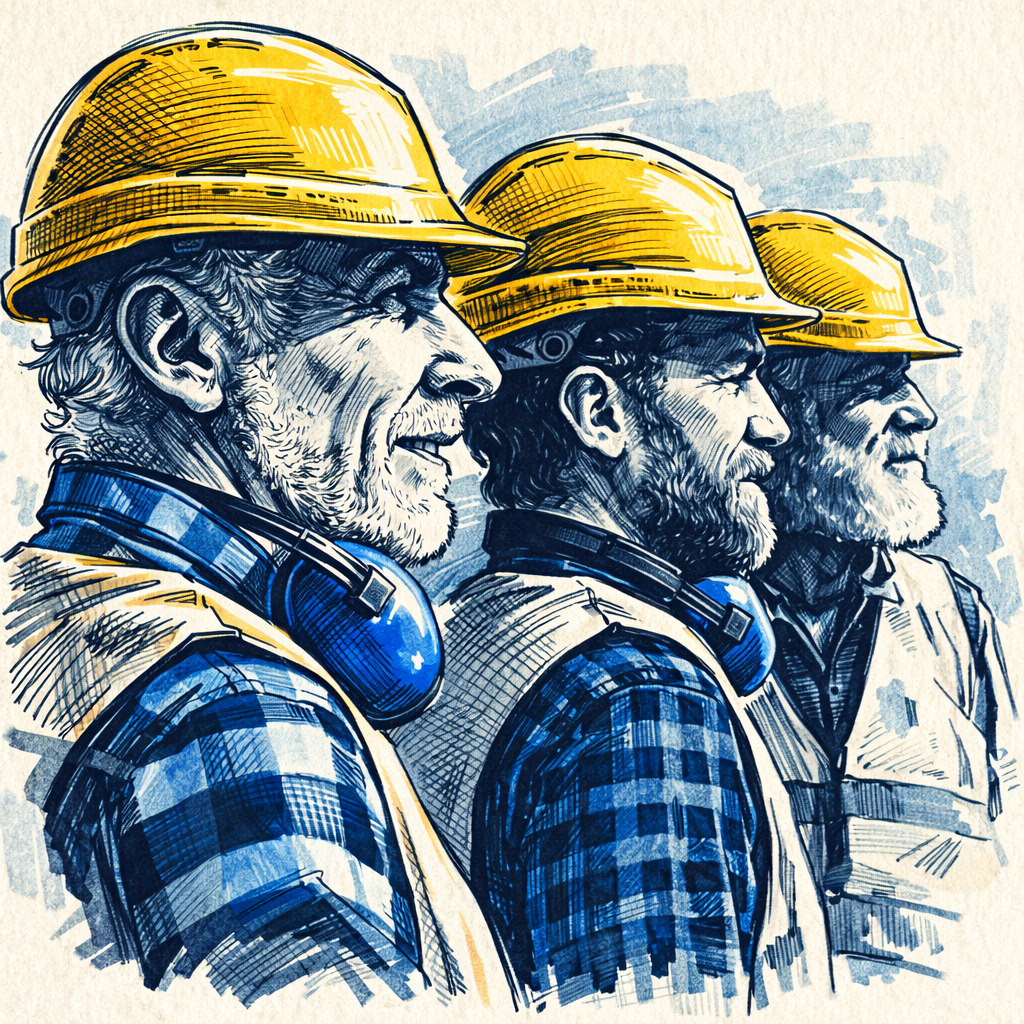 Hand-drawn illustration of three construction workers in hard hats representing field mobility operations and workforce coordination